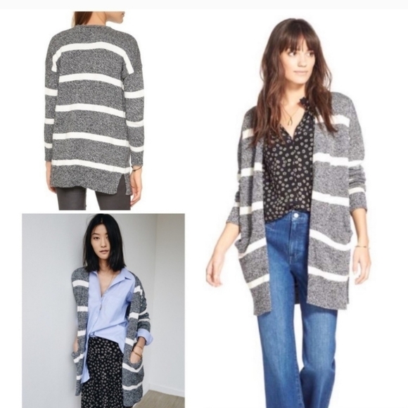 Madewell Gray & White Charlie Cotton Striped Pocket Cardigan Sweater. Size M - Picture 4 of 9